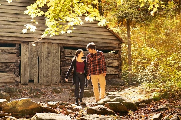 Couple on a fall hike in the Smokies